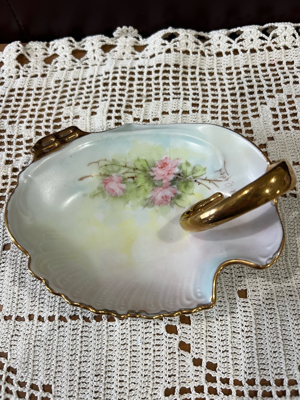 Vintage hand painted trinket dish with gold accents. Perfect condition